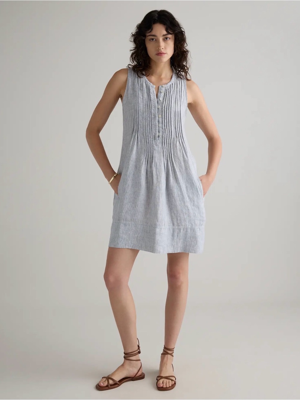 New Quince 100% European Linen Sleeveless Swing Dress size L blue pinstriped